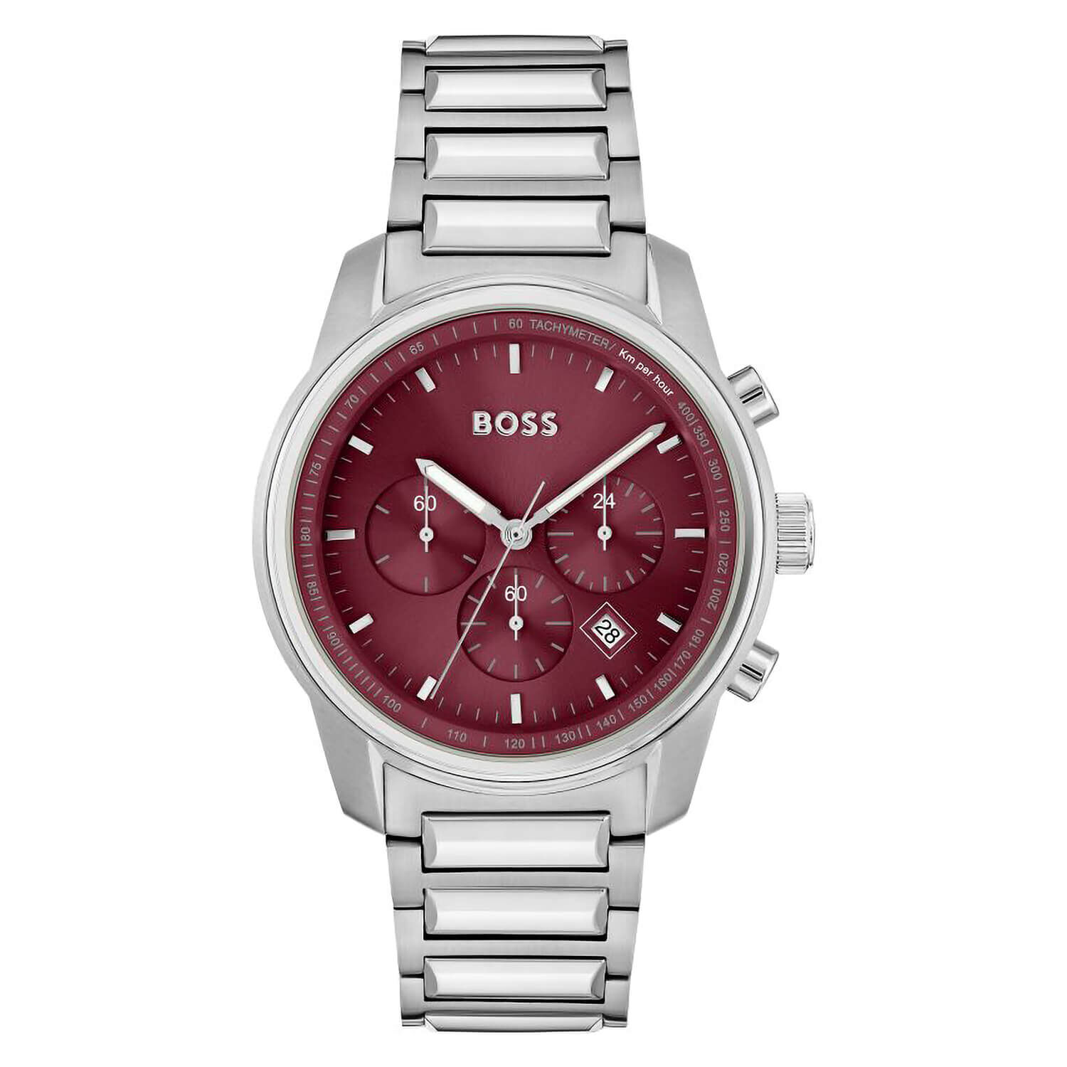 BOSS Trace 44mm Burgundy Dial Steel Bracelet Chrono Watch