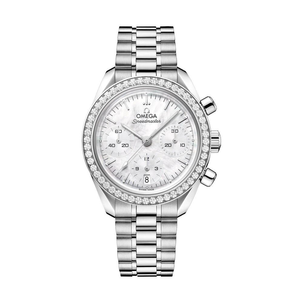 OMEGA Speedmaster 38mm White Mother of Pearl Dial Diamond Set Bezel Steel Bracelet Watch