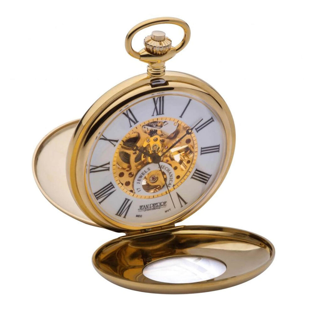 Jean Pierre Yellow Gold Plated Mechanical Double Half Hunter Heartbeat Window Pocket Watch image number 0