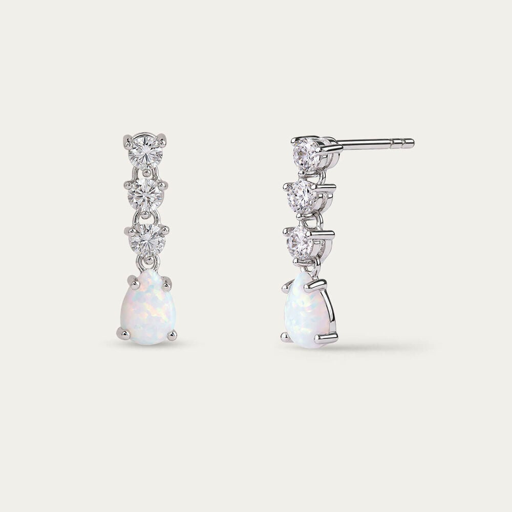 Sterling Silver Pear Opal 3 White Cubic Zirconia Top Drop Earrings