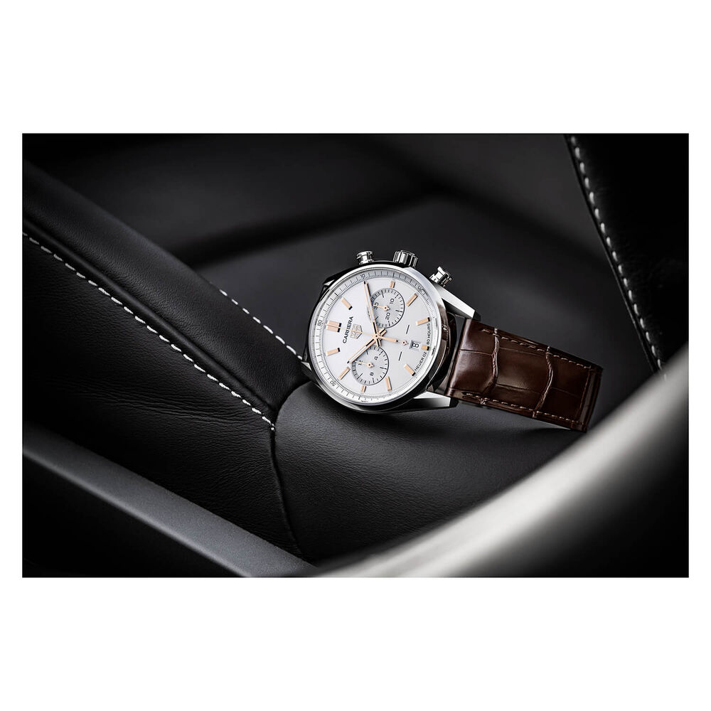 TAG Heuer Carrera 42mm Silver Rose Gold Steel Case Brown Strap Watch