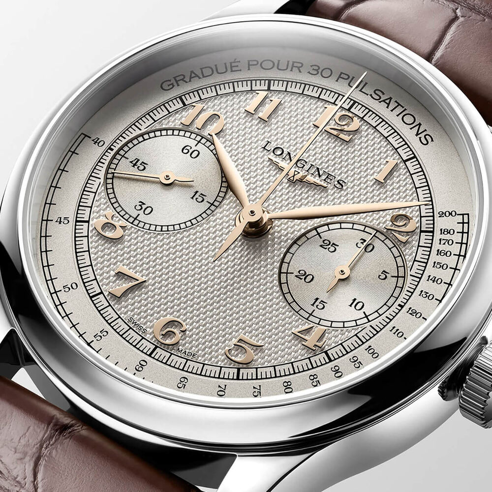 Longines Master Collection Chrono Moonphase 41mm Silver Barleycorn Dial Leather Strap Watch