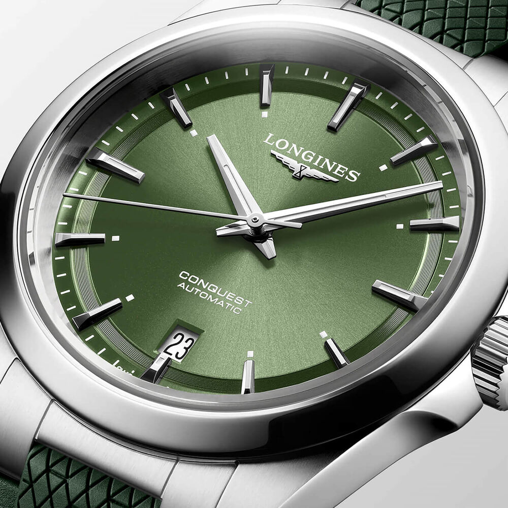 Longines Conquest 38mm Green Dial Green Rubber Strap Watch image number 3