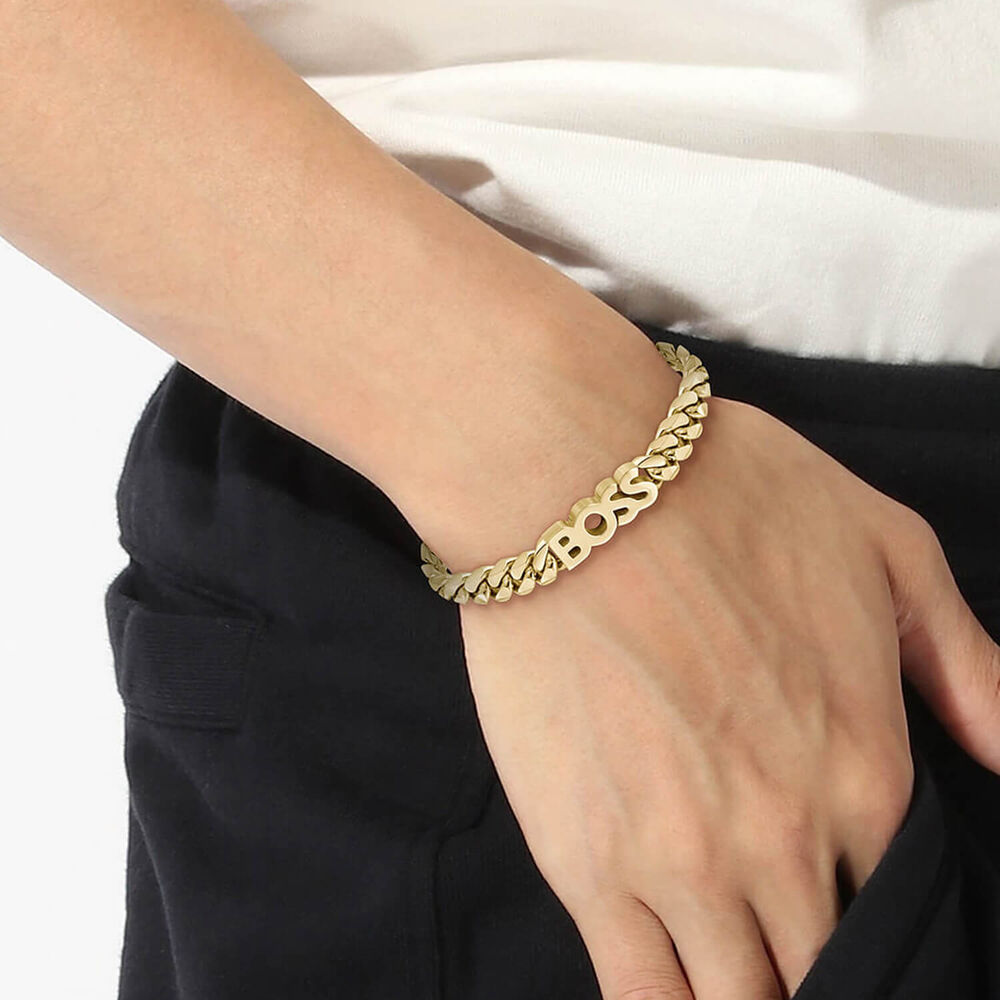 BOSS Kassy Yellow Gold Plated IP Logo Chain Bracelet image number 2