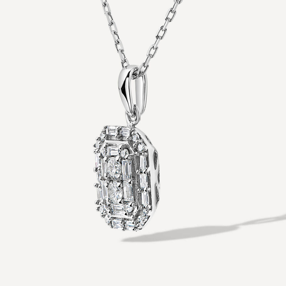 9ct White Gold 0.20ct Octagonal Baguette & Round Cluster Diamond Pendant image number 1