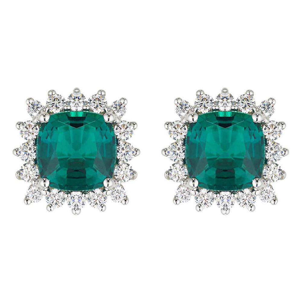 Ladies 9ct White Gold and Created Emerald Cluster Earrings