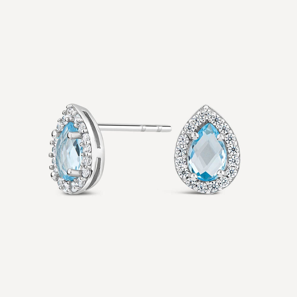 9ct White Gold Pear Blue Topaz & Cubic Zirconia Stud Earrings image number 1