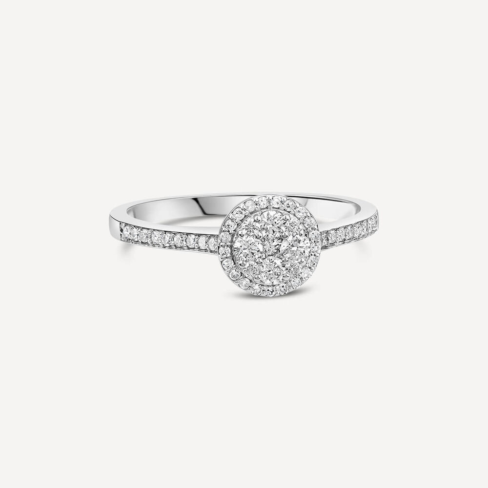18ct White Gold Round 0.32ct Halo Diamond Shoulders Ring