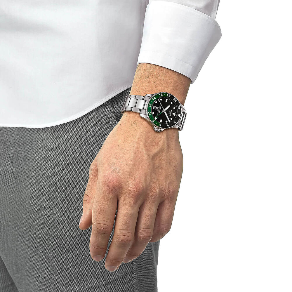 Tissot Seastar 1000 Quartz GMT 40mm Black Dial Black & Green Bezel Steel Bracelet Watch image number 5