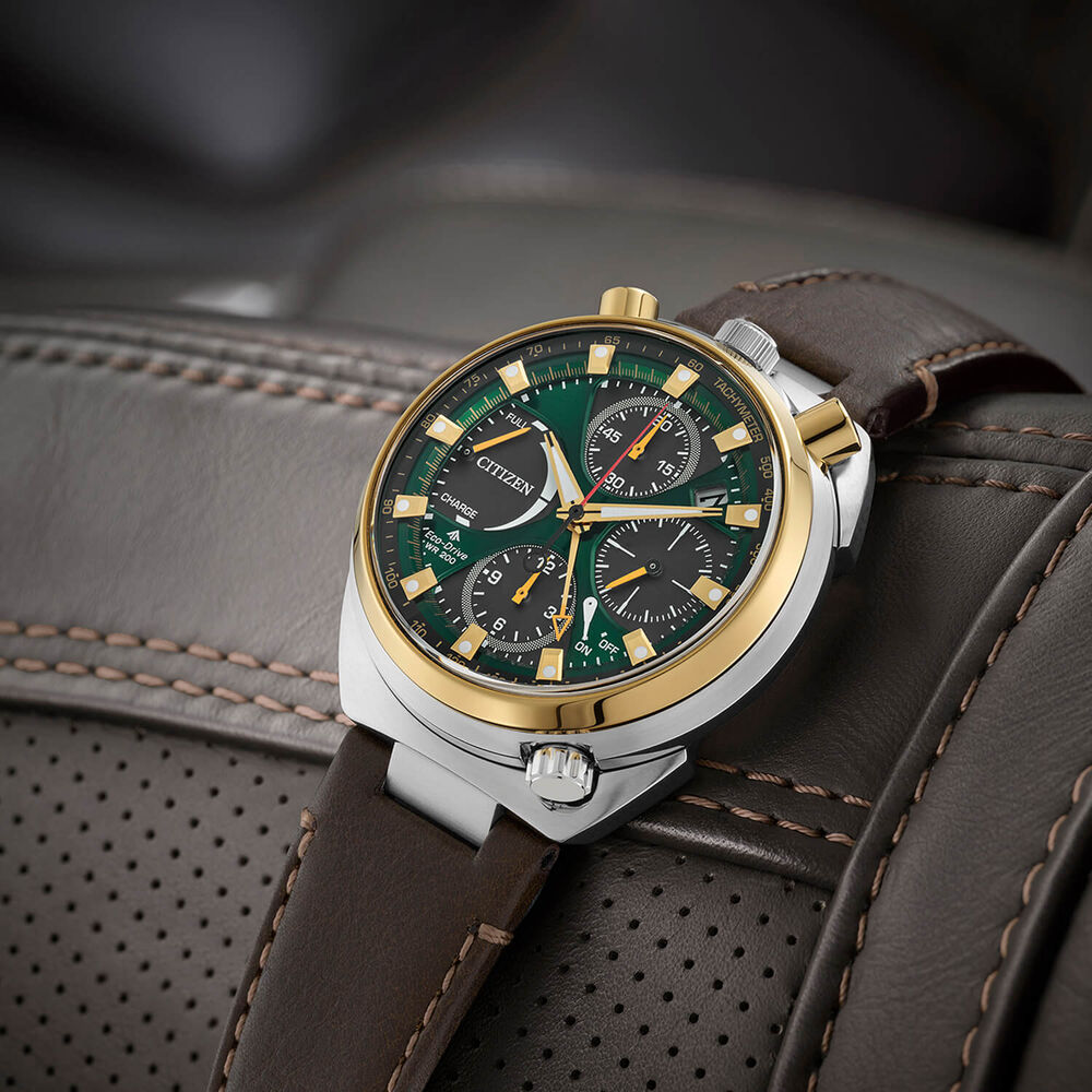 Citizen Promaster Bullhead Racing Chronograph 45mm Green Dial Brown Leather Strap Watch