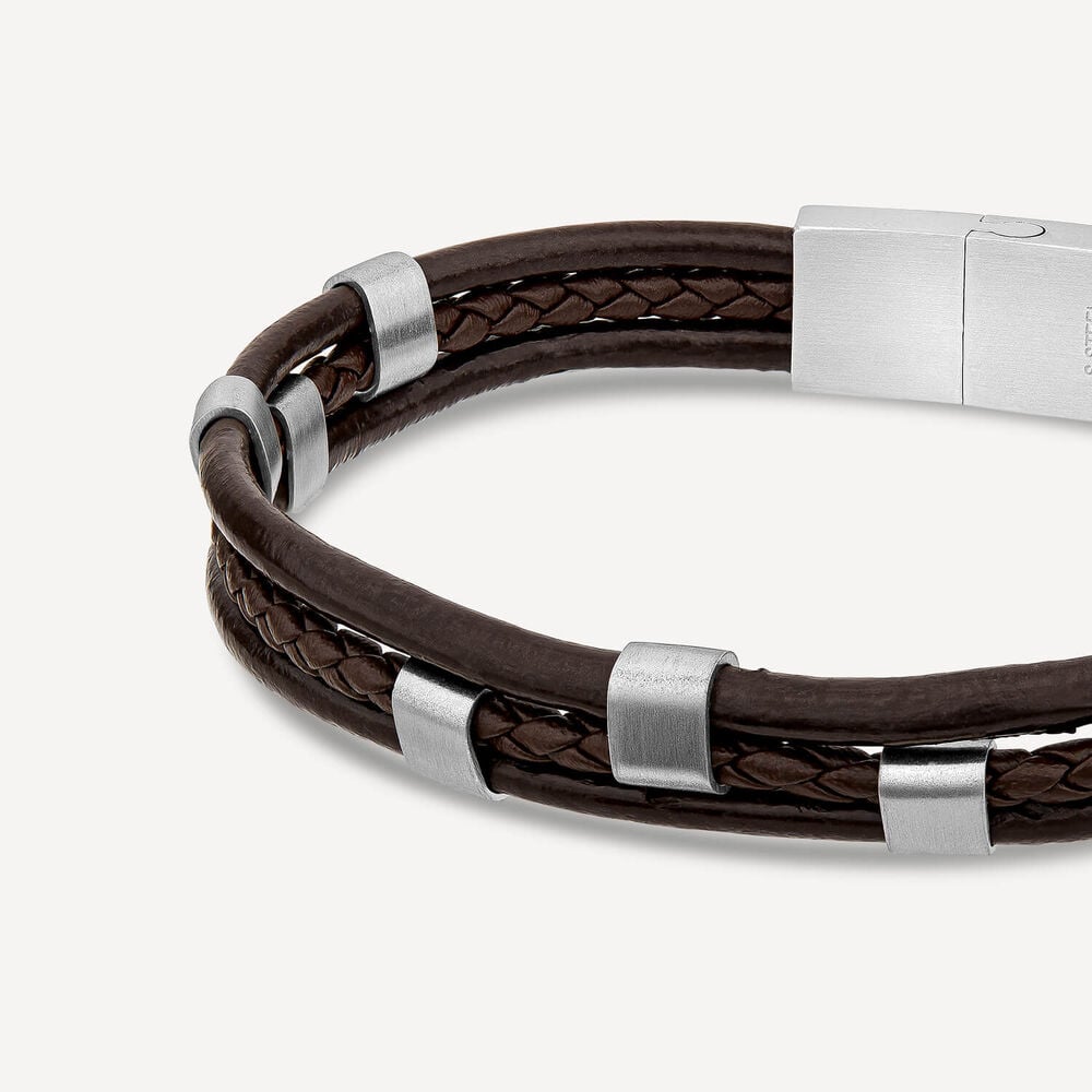 Gents Steel & Brown Leather 3 Strap Bracelet image number 1