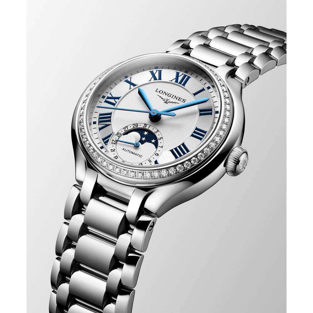 Longines Elegance Primaluna 34mm Moonphase Silver Dial Diamond Bezel Steel Bracelet Watch image number 3
