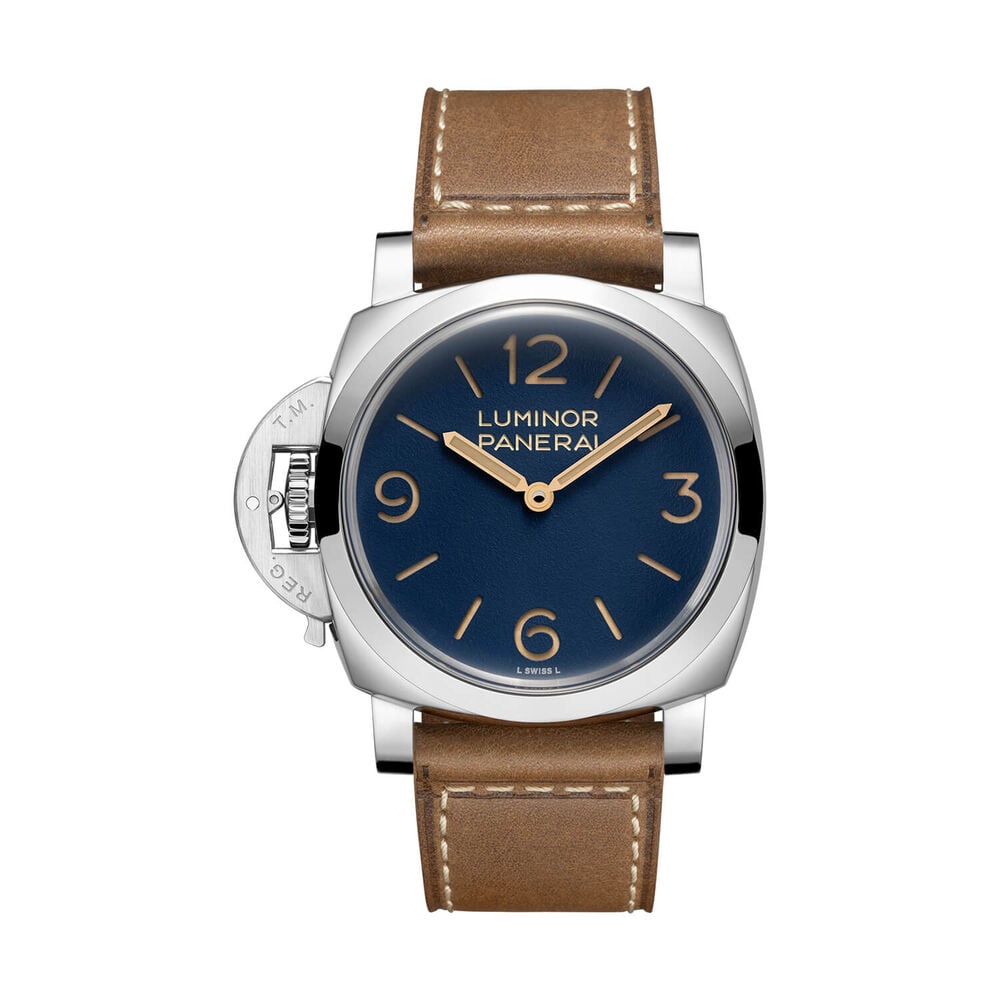 Panerai Luminor Destro 44mm Blue Dial Light Brown Leather Strap Watch