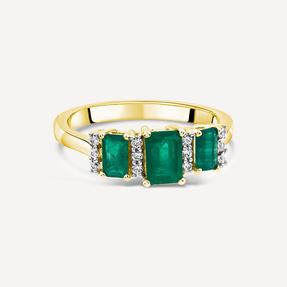 9ct Yellow Gold Three Stone Emerald & 0.12ct Diamond Sections Ring image number 2