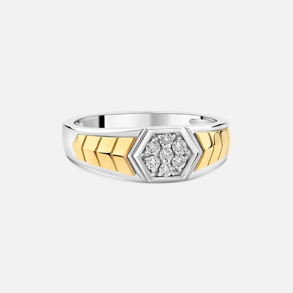 Sterling Silver & 9ct Yellow Gold 0.04ct Diamond Set Hex Centre Ring