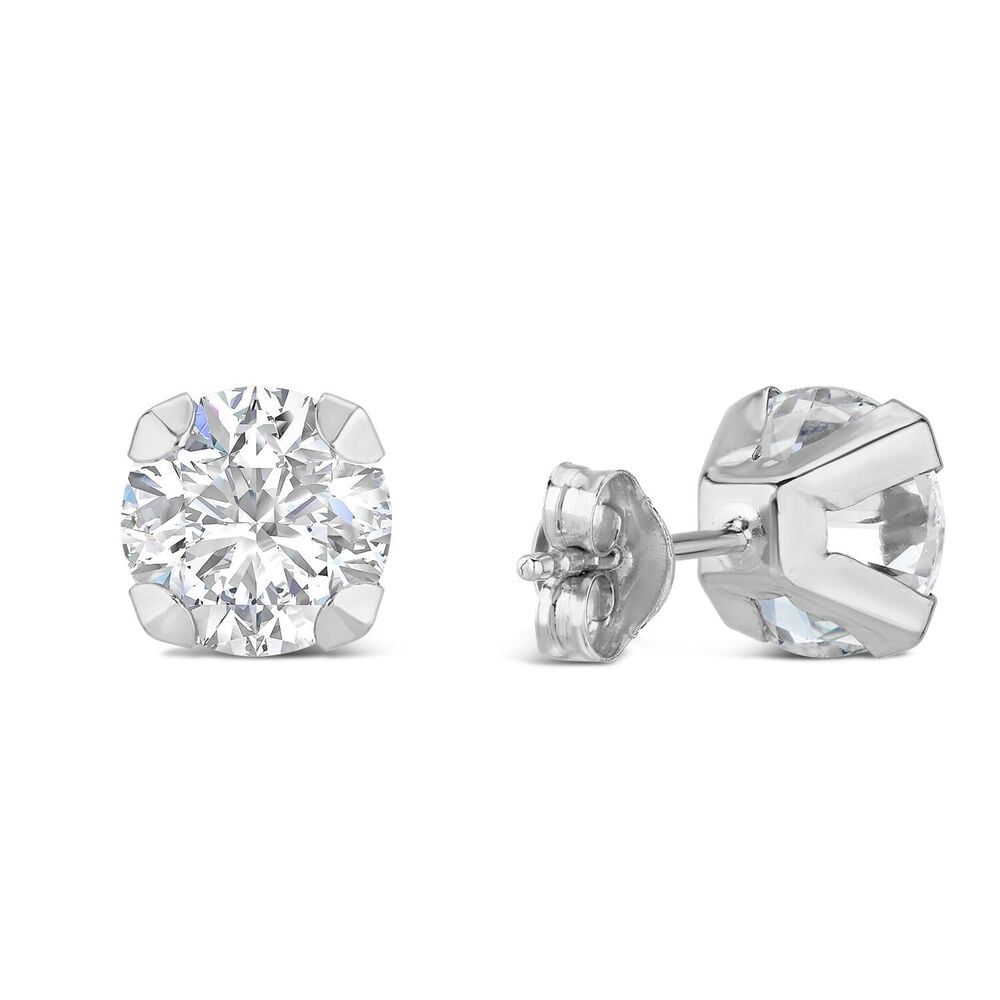 9ct White Gold 7MM Four Claw Cubic Zirconia Stud Earrings image number 2