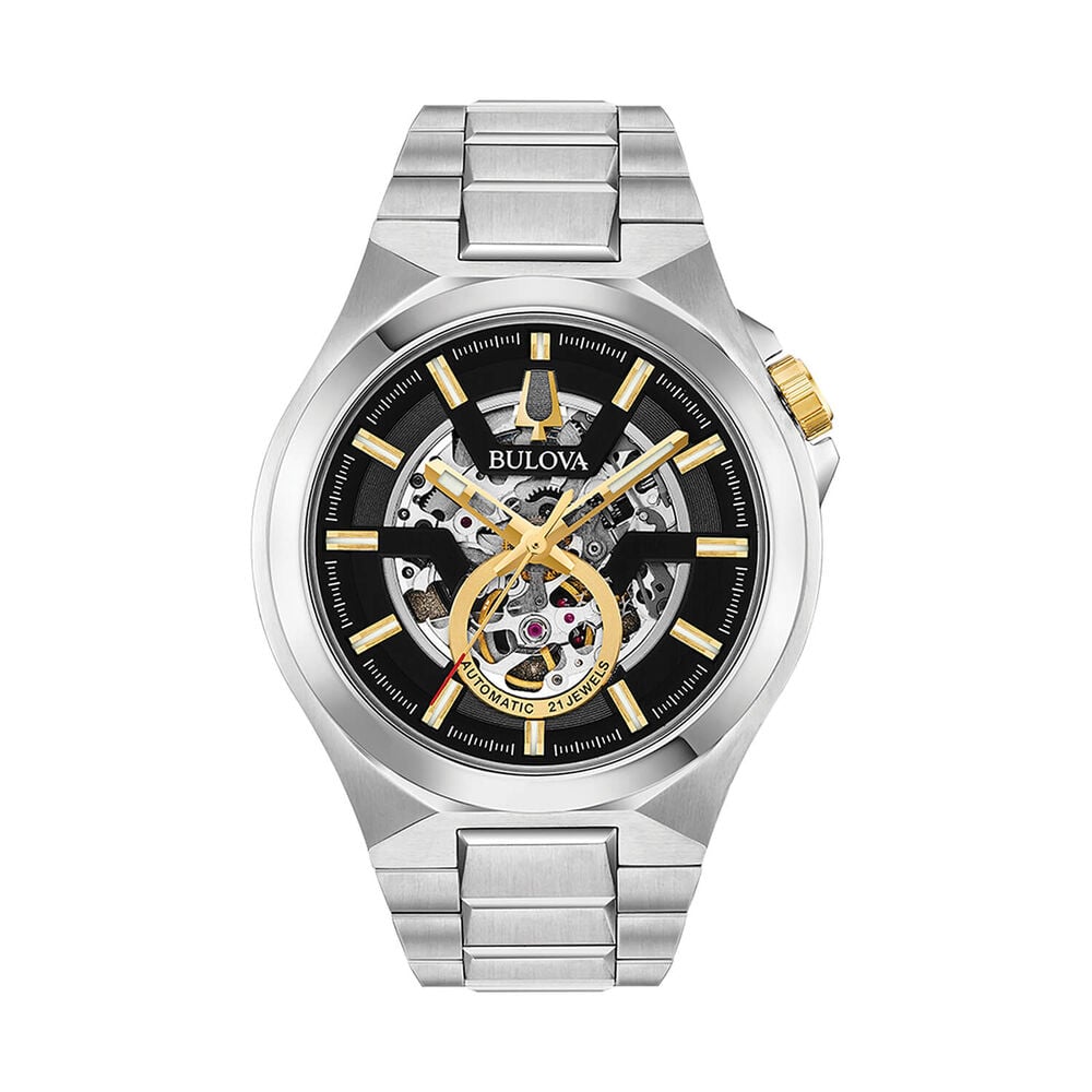 Bulova Maquina Skeleton 46mm Black Dial Steel Bracelet Watch image number 0