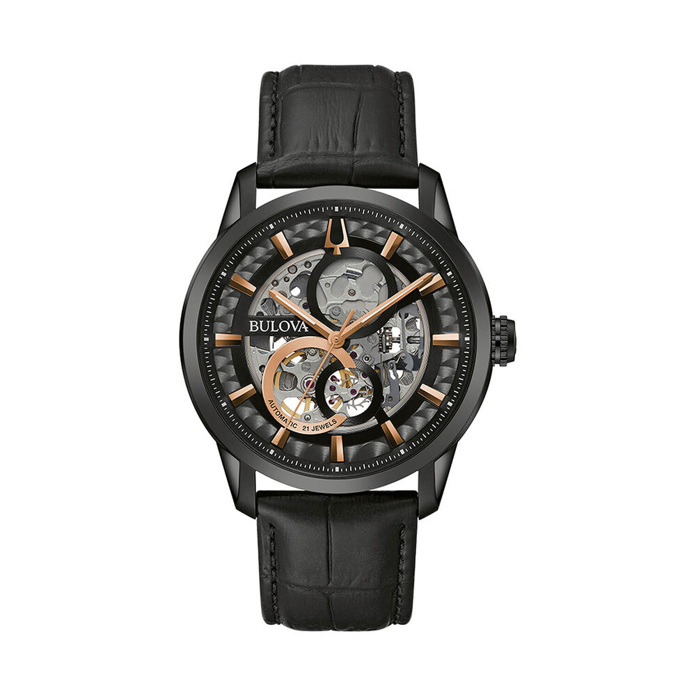 Bulova Sutton Automatic 43mm Black Skeleton Dial Ion Plated Case Leather Strap Watch image number 0