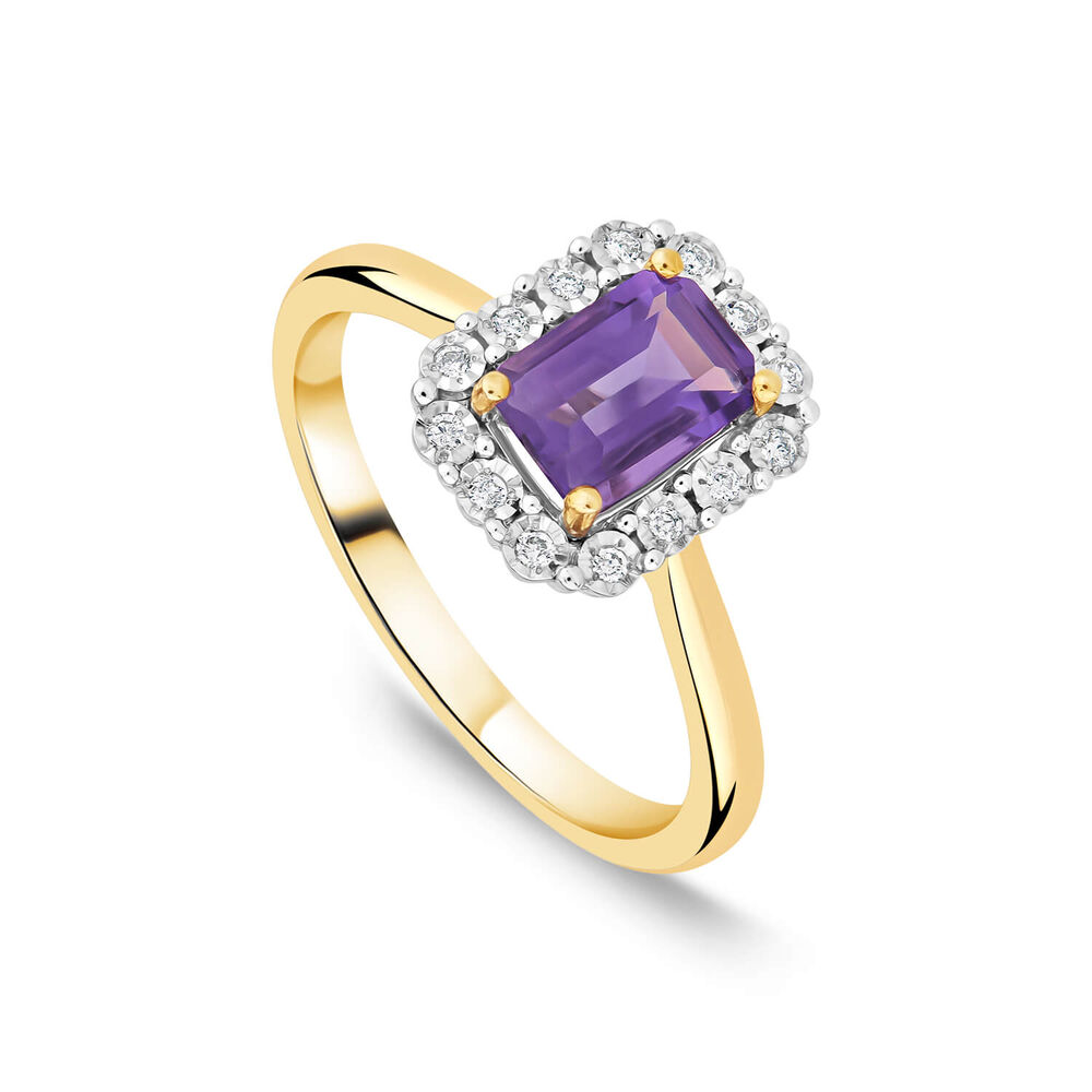 9ct yellow gold diamond and Amethyst ring