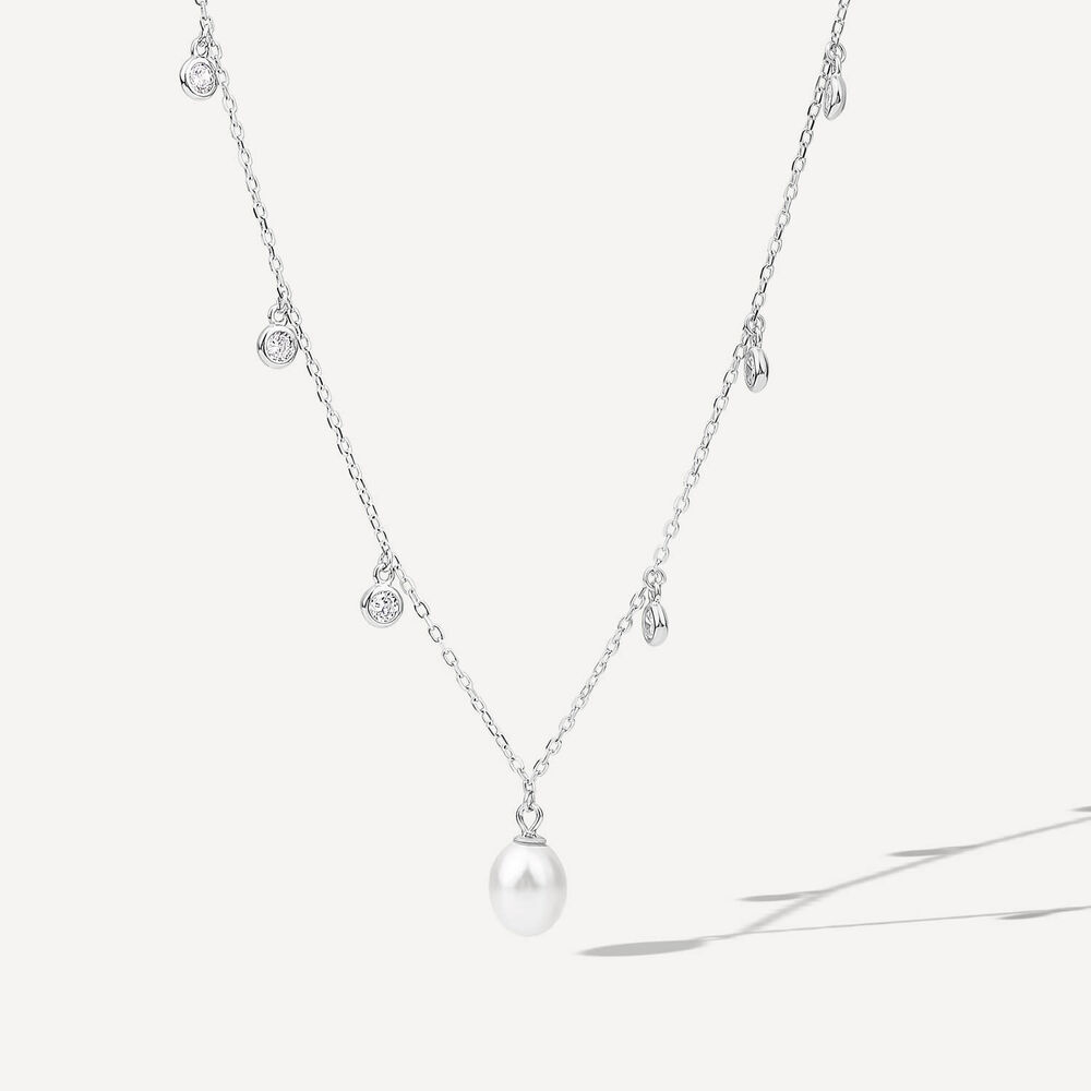 Sterling Silver Freshwater Pearl & Cubic Zirconia Droplets Necklet image number 1
