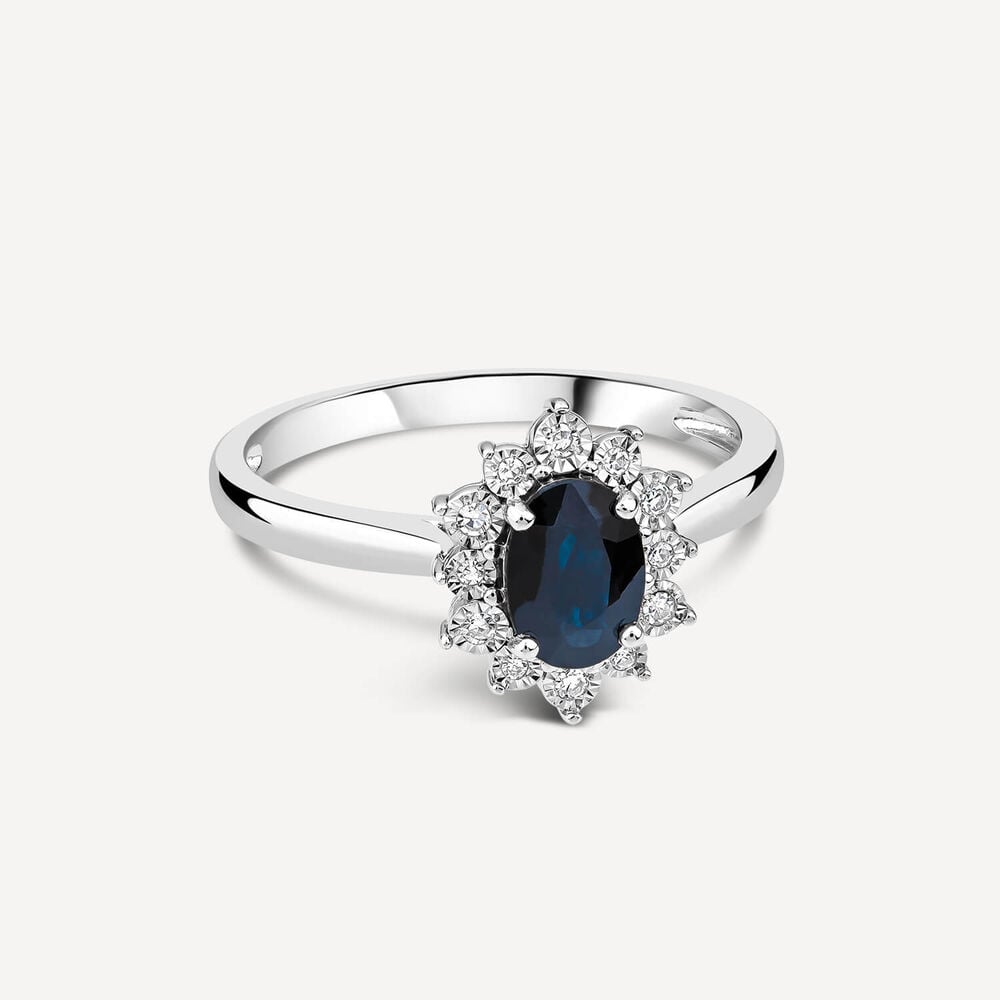 9ct White Gold Oval Sapphire Diamond Cluster Ring image number 2