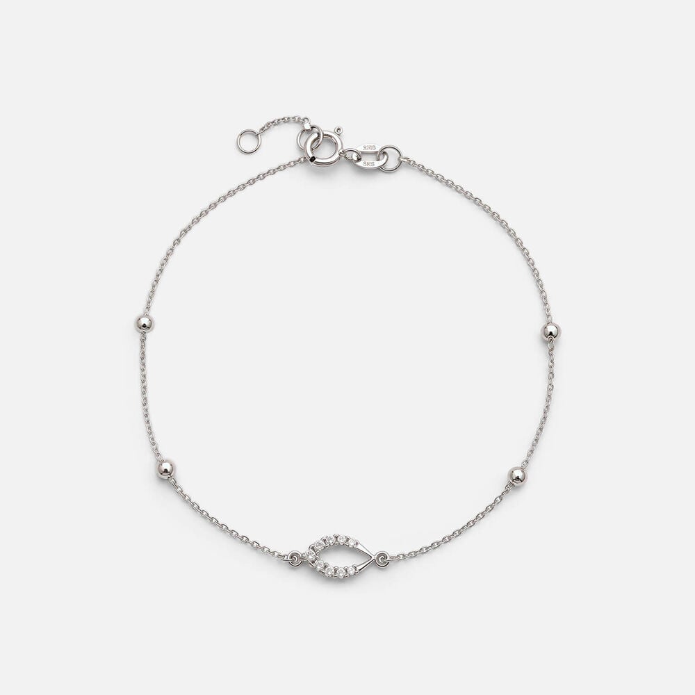 9ct White Gold Beaded Chain Open Oval Cubic Zirconia Set Charm Bracelet