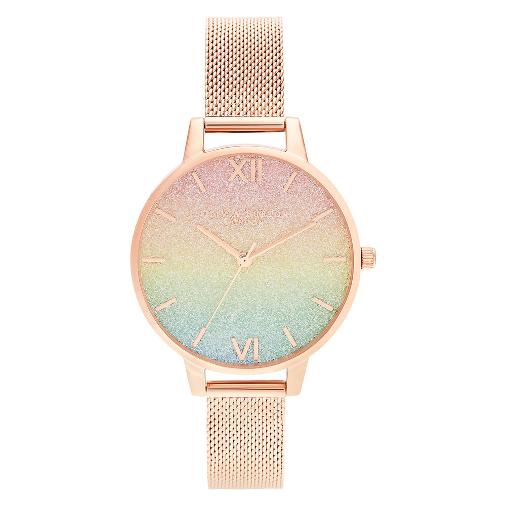 Olivia Burton Rainbow Glitter Dial & Rose Gold Mesh Ladies Watch