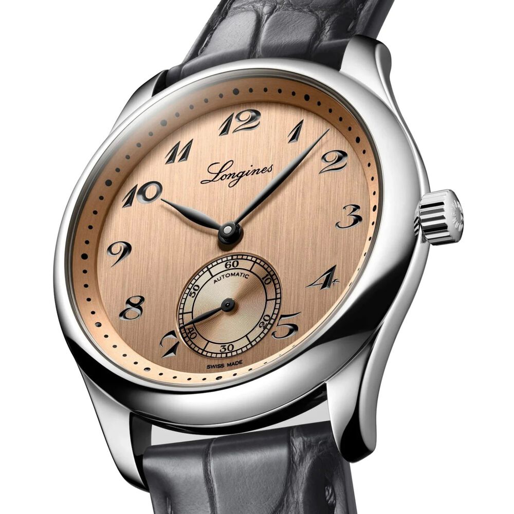 The Longines Master Collection 38.5mm Salmon Dial Black Leather Strap Watch image number 1