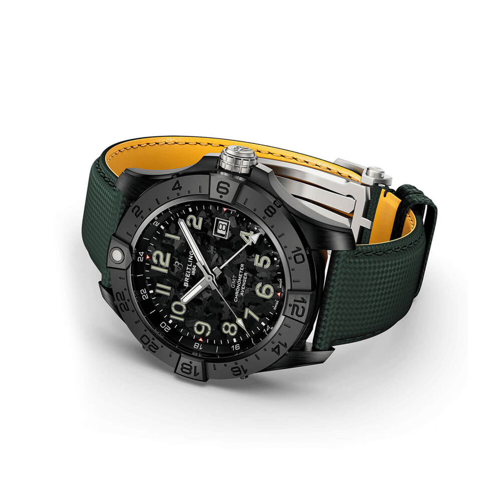 Breitling Avenger Automatic GMT Night Mission 44mm Black Dial Green Leather Strap Watch image number 2