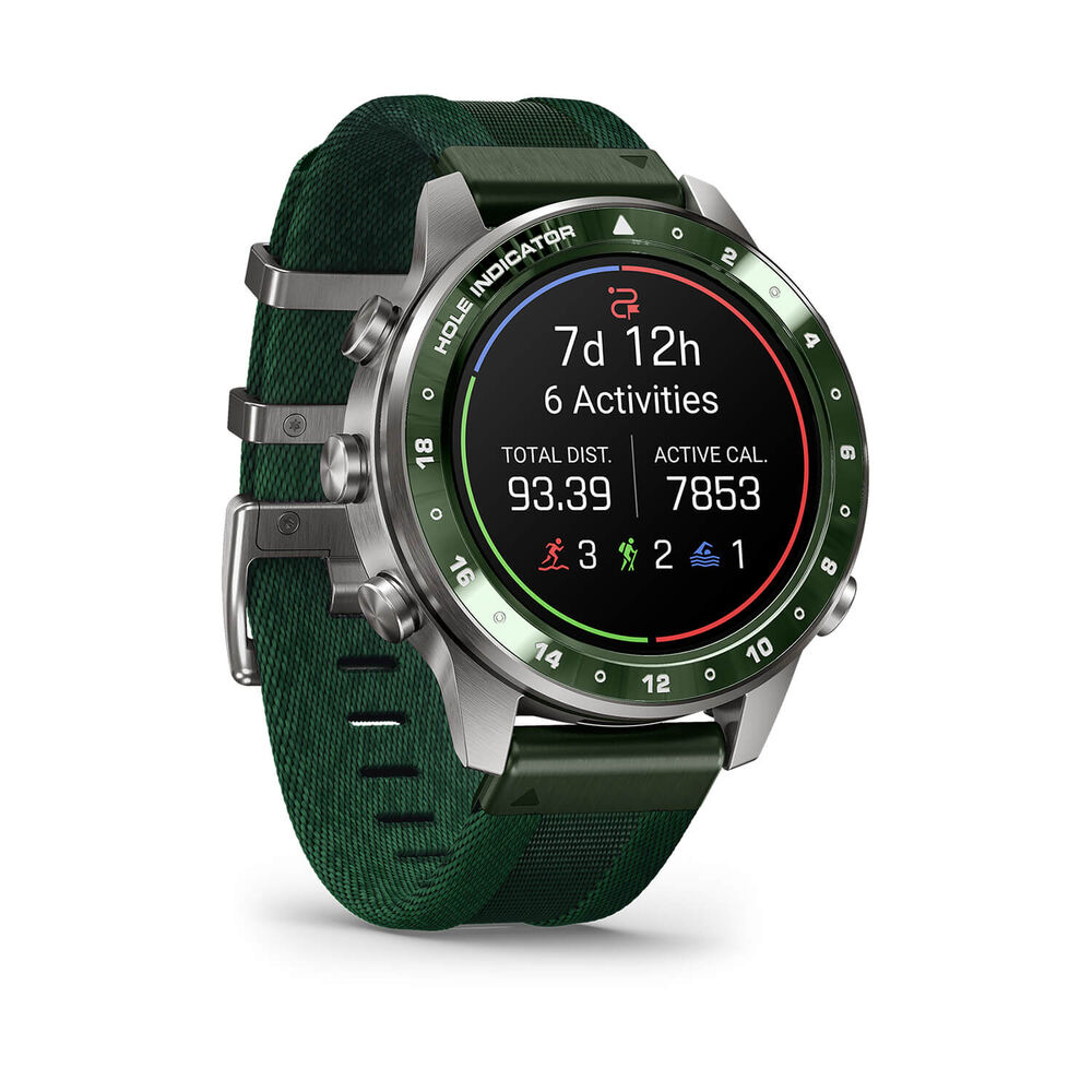 Garmin MARQ Golfer (Gen 3) 47mm Grade 5 Titanium Case Green Jacquard Woven Nylon Strap Watch