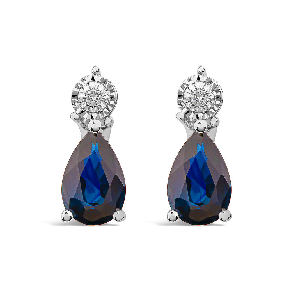 9ct White Gold Pear Sapphire & Diamond Top Drop Earrings