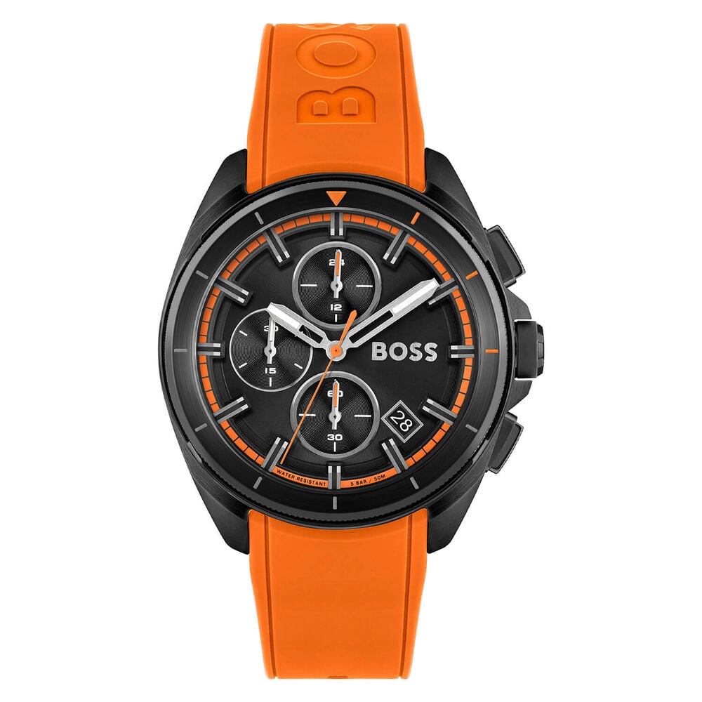 BOSS Volane Chronograph 44mm Quartz Black Dial Steel Case Orange Rubber Strap Watch image number 0