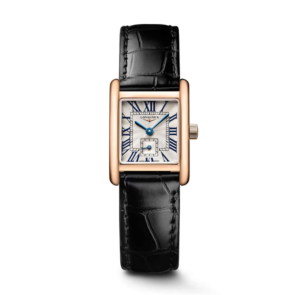 Longines MiniDolcevita 21.5x29mm Silver Dial 18k Pink Gold Case Black Leather Strap Watch image number 0