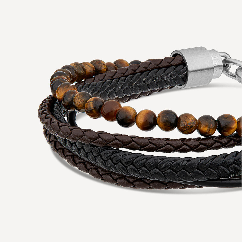 Gents Steel T-Eye & Leather Multi Strap Bracelet image number 1