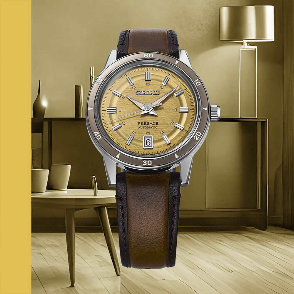 Seiko Presage Style 60s 'Golden Yellow' 39.5mm Dial Brown Leather Strap Watch image number 4
