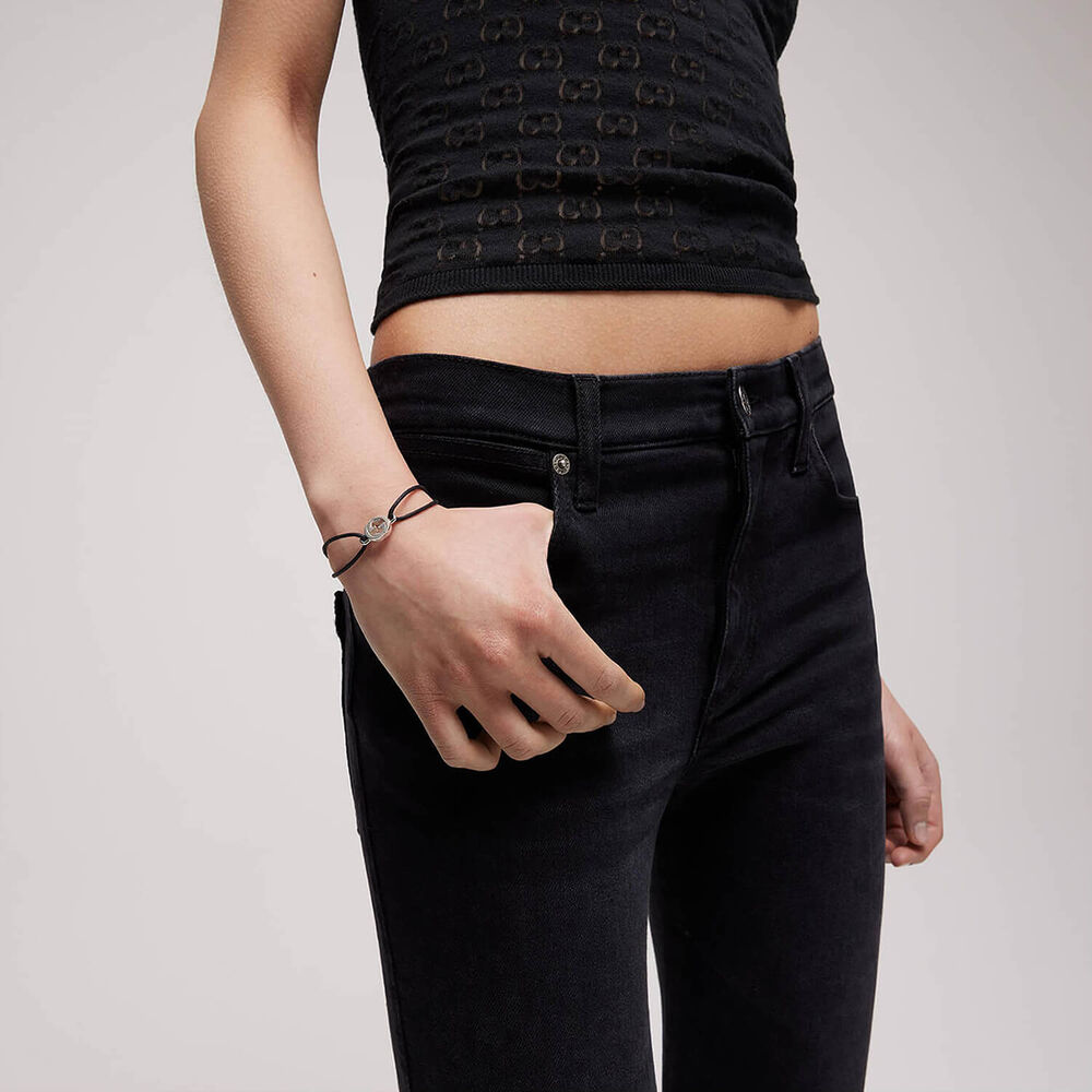 Gucci Interlocking G Sterling Silver Charm Black Cotton Cord Bracelet