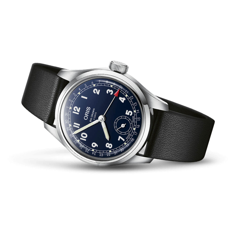 Oris Big Crown Pointer Date 38mm Blue Dial Steel Case Black Leather Strap Watch