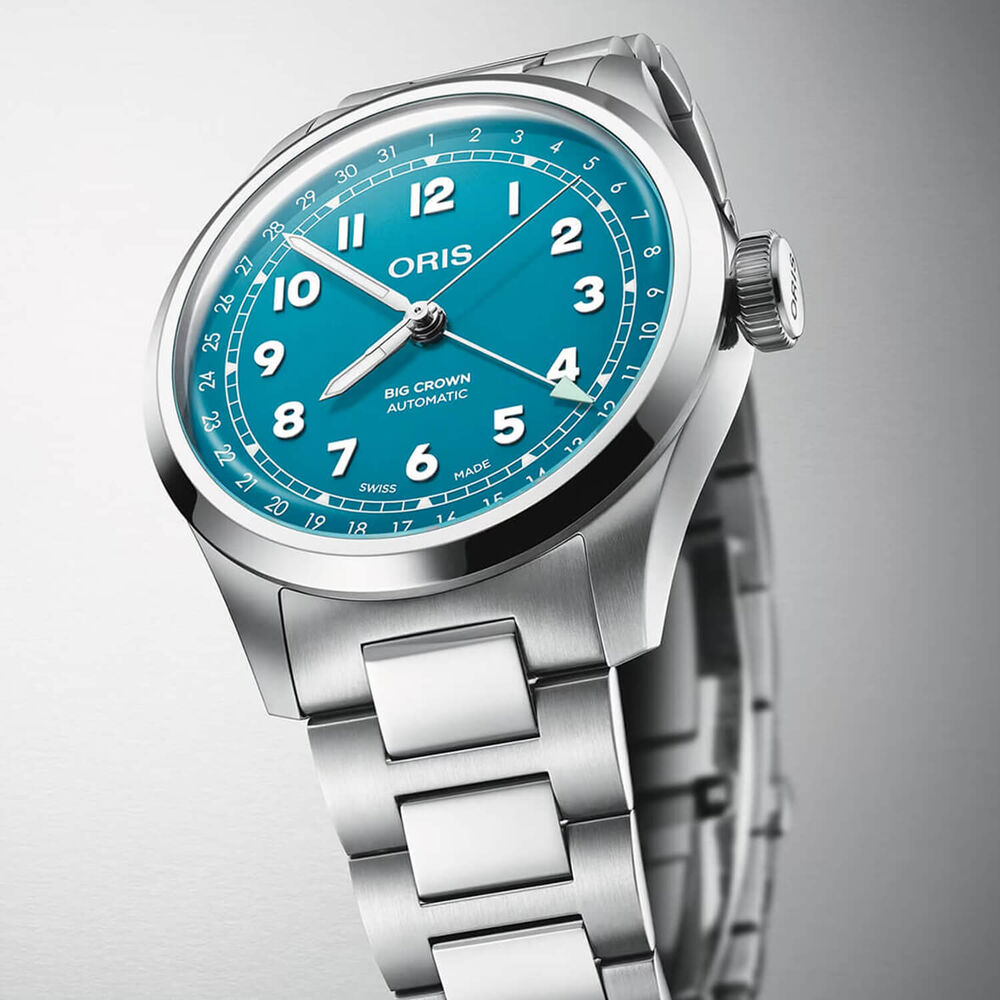 Oris Big Crown Pointer Date 40mm Turquoise Blue Dial Steel Bracelet Watch image number 7