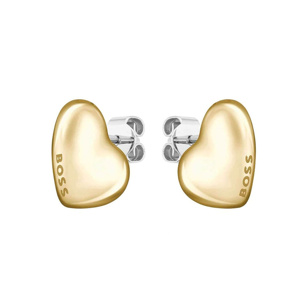 BOSS Honey Gold Toned Stainless Steel Heart Shaped Branded Stud Earrings