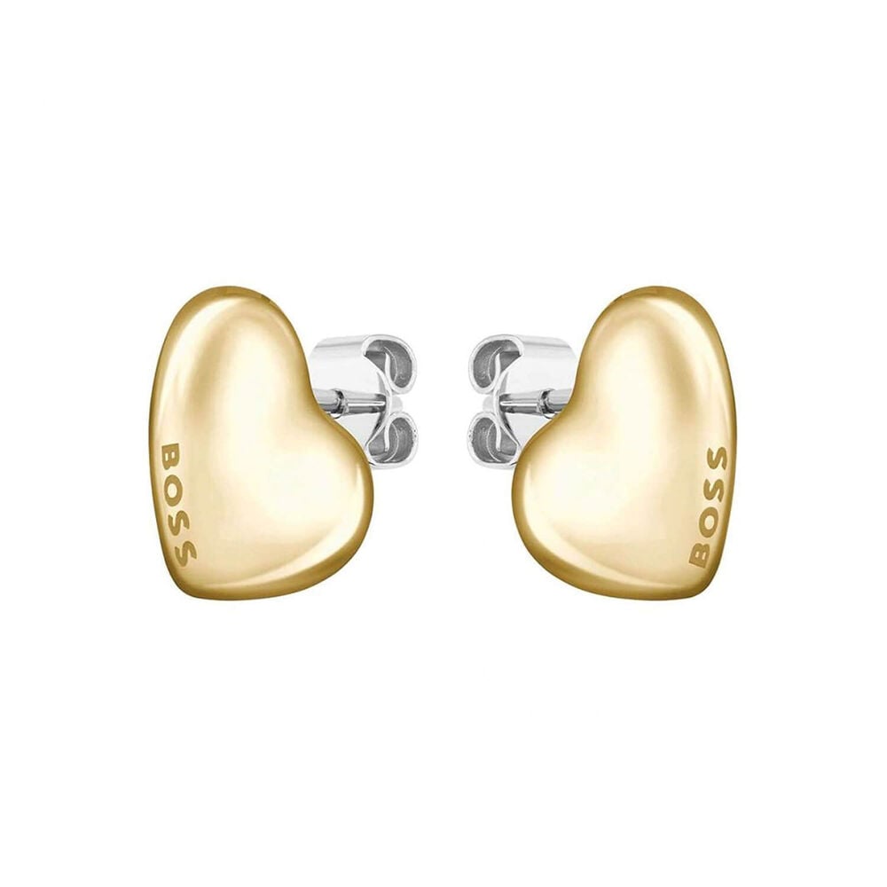 BOSS Honey Gold Toned Stainless Steel Heart Shaped Branded Stud Earrings image number 0