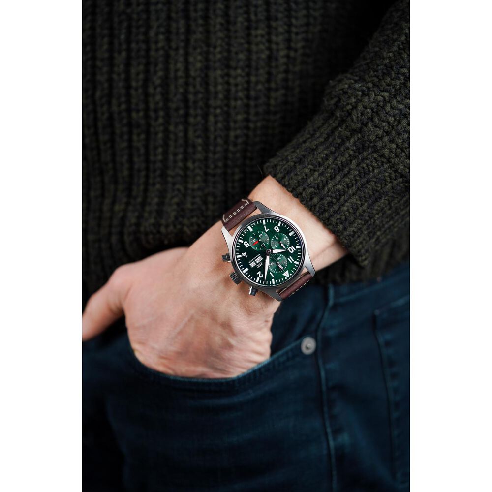 IWC Schaffhausen Pilot's Chronograph 41 Green Dial Steel Case Brown Leather Strap image number 7
