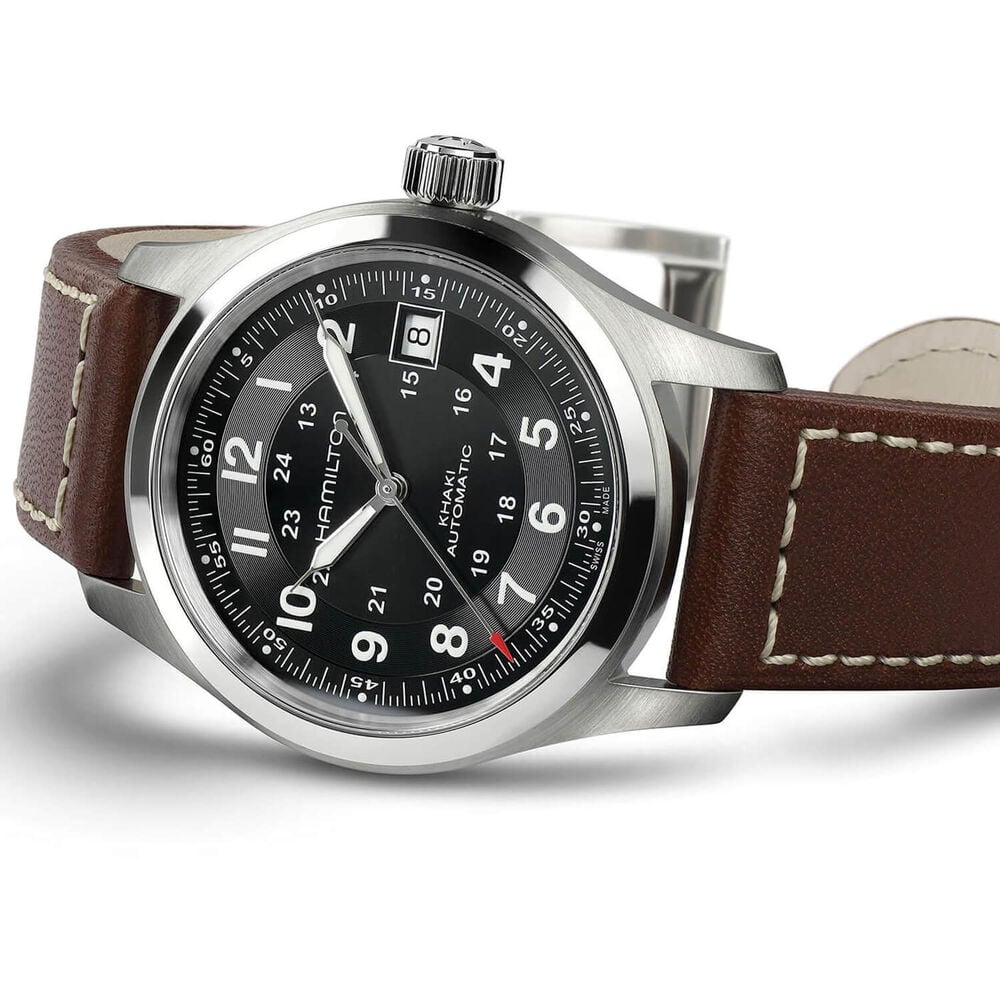 Hamilton Khaki Field 38mm Black Dial Brown Leather Strap image number 2