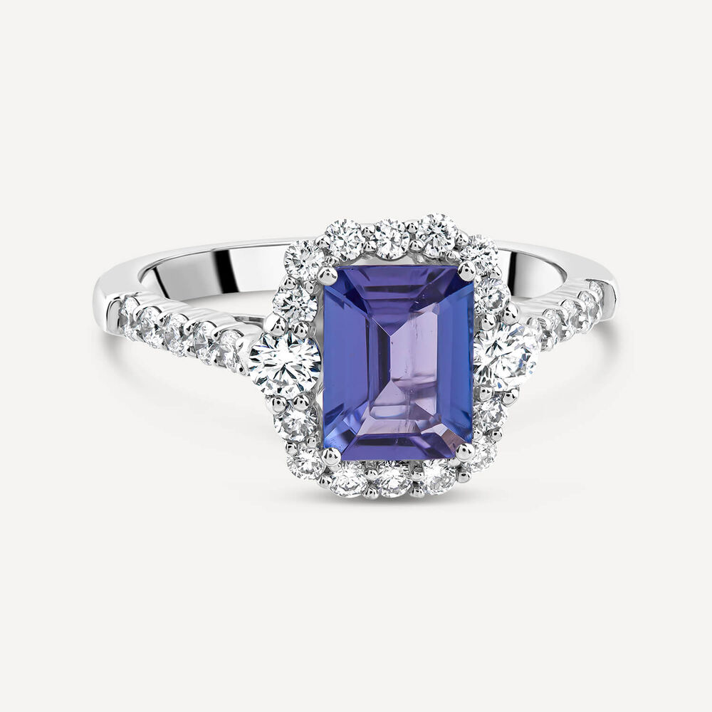 Platinum Emerald Cut Tanzanite Centre Diamond Halo & Shoulders Ring image number 2