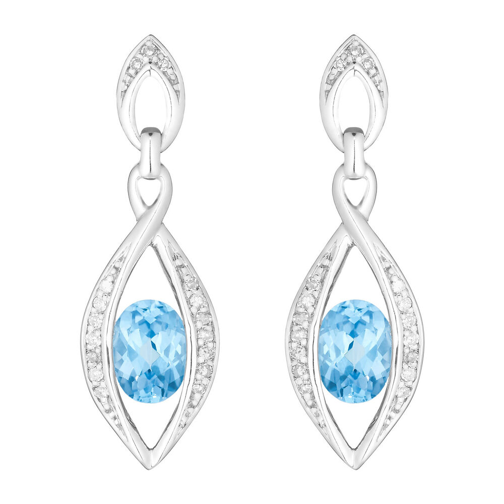 9ct white gold blue topaz 0.15 carat diamond marquise-shaped earrings image number 0