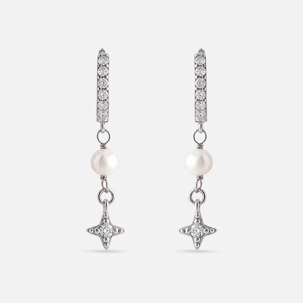 Sterling Silver Pearl & Cubic Zirconia Star Huggie Earrings