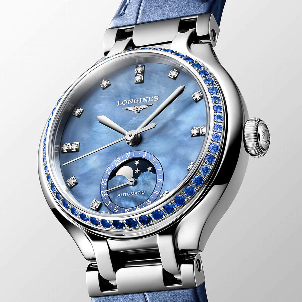 Longines Elegance Primaluna 34mm Blue MOP Dial Diamond Dot & Sapphire Bezel Leather Strap Watch image number 2