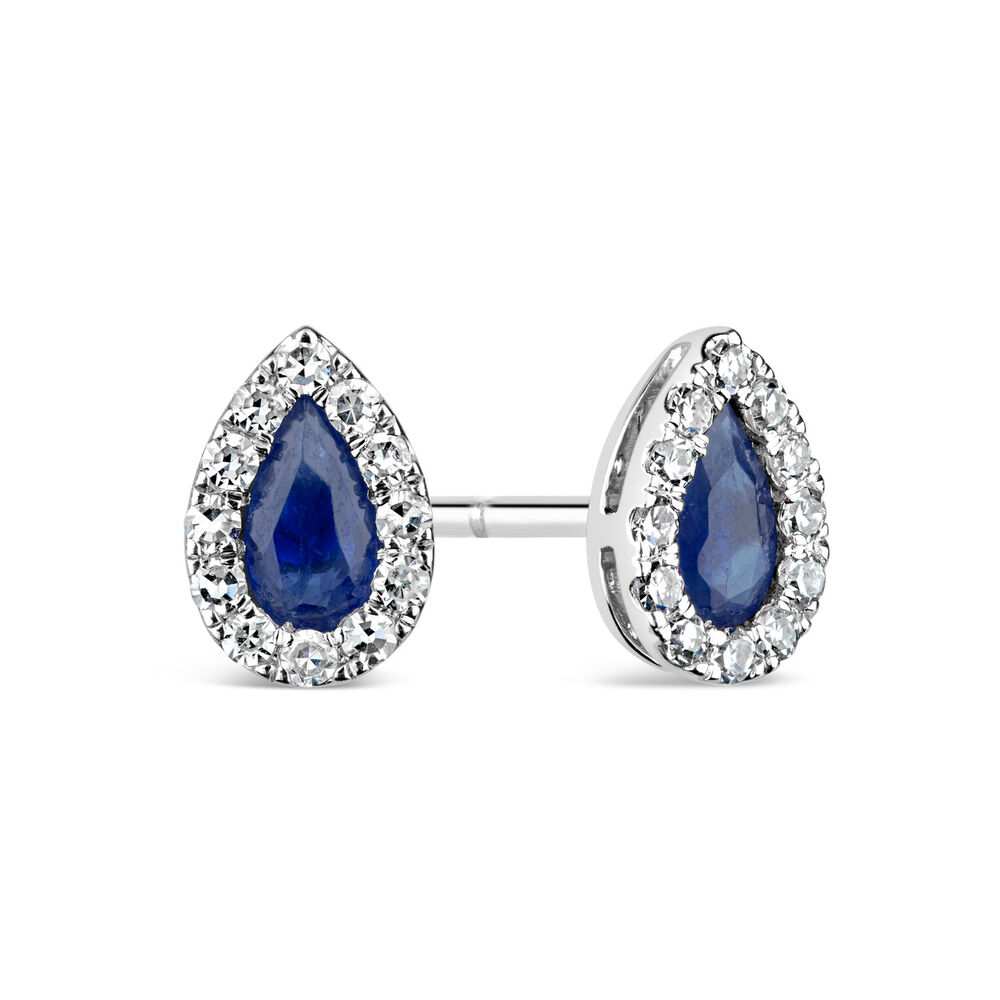 9ct White Gold 0.15ct Diamond and Sapphire Pear Stud Earrings image number 1