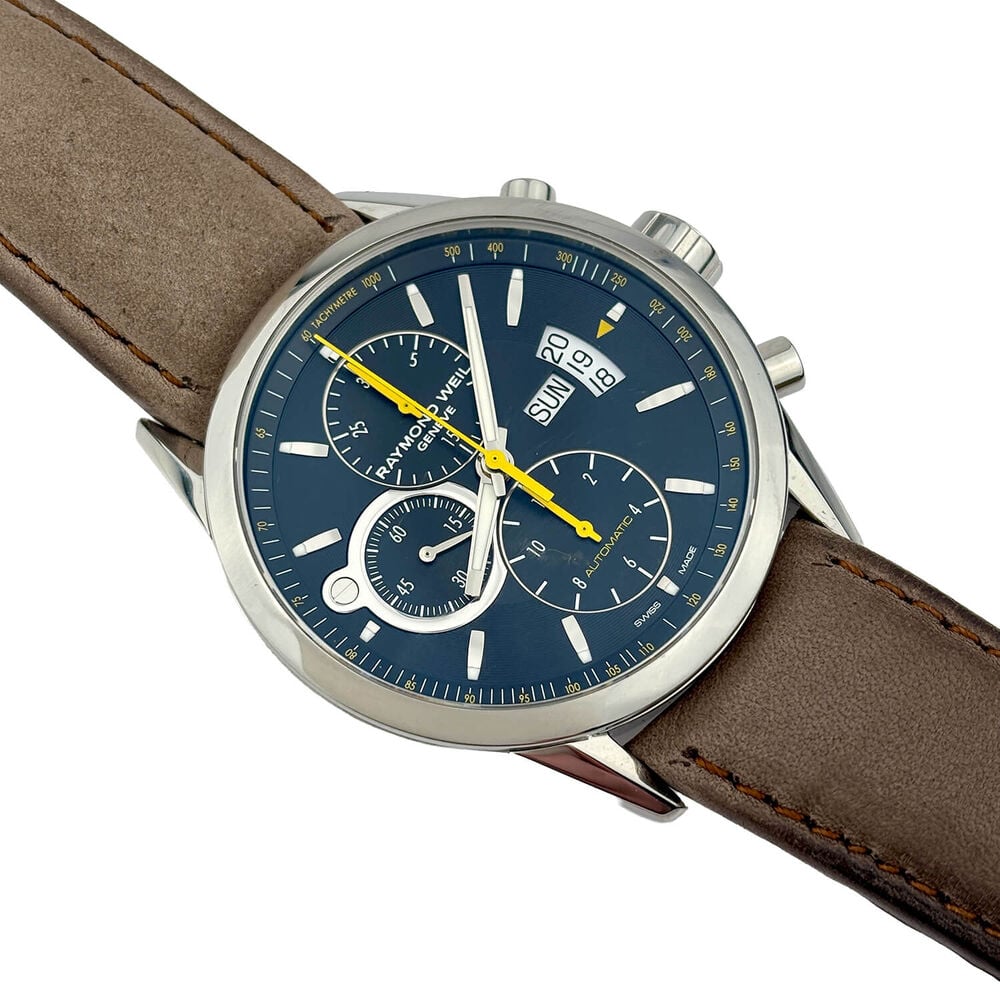 Pre-Owned Raymond Weil Freelancer 42mm Black Dial Brown Leather Strap Watch image number 1