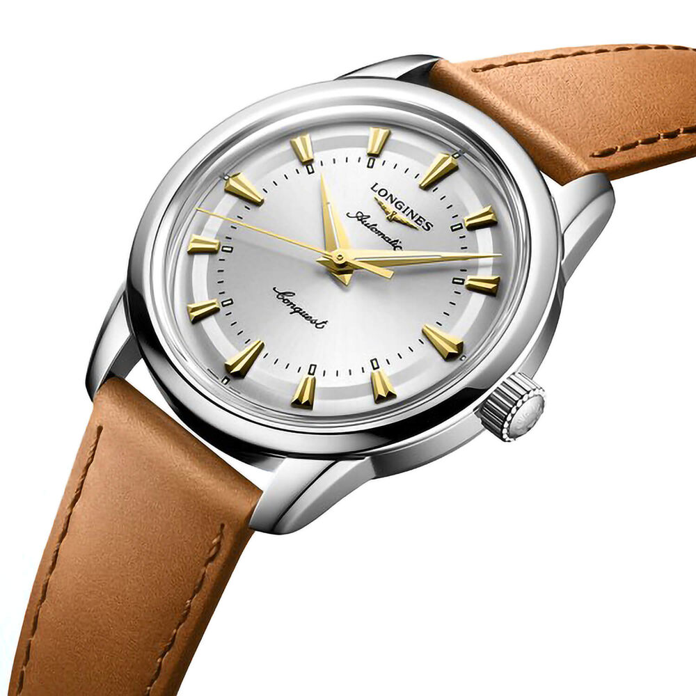 Longines Conquest Heritage 38mm Silver Dial Brown Leather Strap Watch