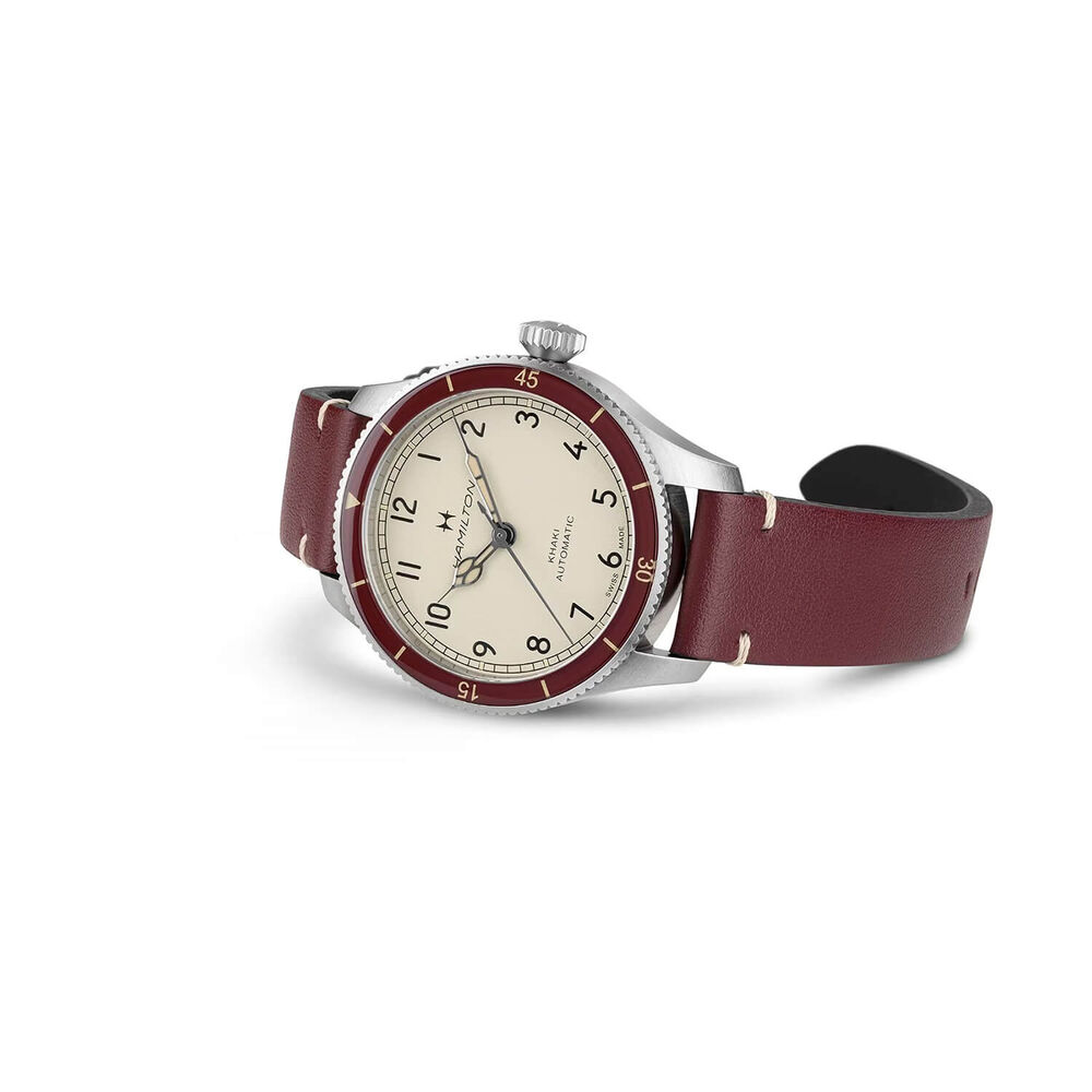 Khaki Aviation Pilot Pioneer 38mm White Dial Burgundy Leather Strap Watch image number 4